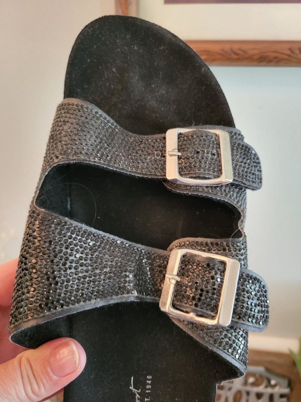 Cato Comfort Black Double Strap Cork Footbed Sandal 8 Rhinestones Travel Support - Picture 5 of 9